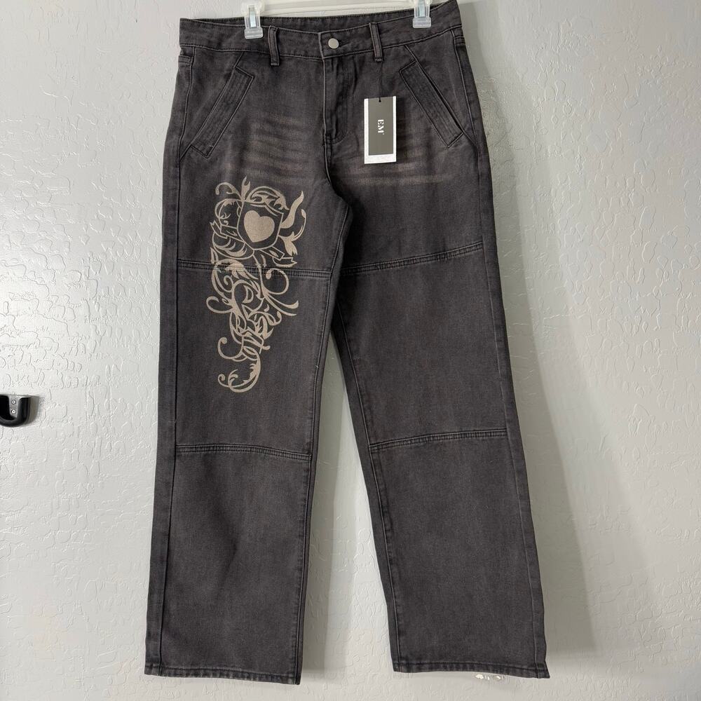 Emmiol Washed Heart Pattern Cargo Jeans, Faded Black, L
